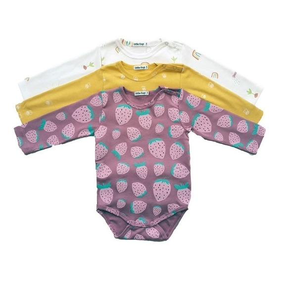 Ropa Bebé Algodón. Set Tres Bodys Estampados De Huertas Niña