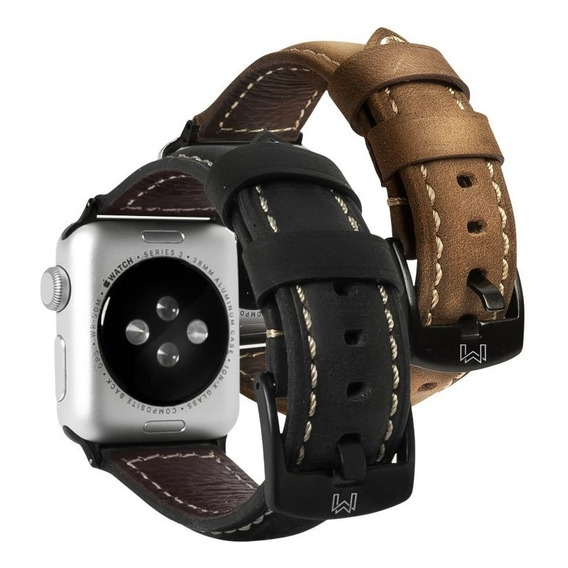 Pack 2 Correas De Cuero Genuino Para Apple Watch Black +café