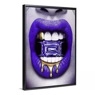 Cuadro Canvas Labios Azul Oro Diamante Urban Art Moderno Hd Color Morado Armazón Bastidor