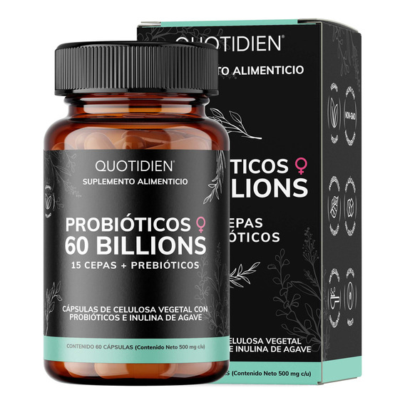 Probioticos 60b + Prebióticos | 15 Cepas Con Tecnología De Liberación Tardía| Complementado Con Inulina De Agave - Suplemento Alimenticio Quotidien - 60 Cápsulas