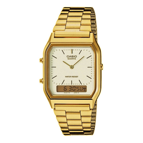 Reloj de pulsera Casio AQ-230 de cuerpo color dorado, analógico-digital, fondo blanco y dorado, con correa de acero inoxidable color dorado, agujas color dorado, dial negro y dorado, minutero/segundero negro, bisel color dorado