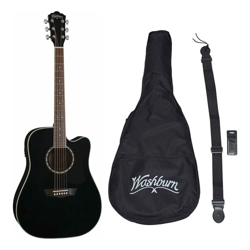 Paquete Guitarra Texana Electroacústica Washburn Ad5ce Negra Color Negro