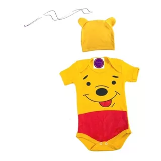 Roupa Ursinho Pooh Puff Body Mesversário Temático + Touca Nf