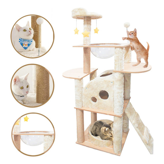 Pet King - Mueble Para Gatos Rascador Juguete Arbol Casa Esferas 142 Cm Color Beige Madera