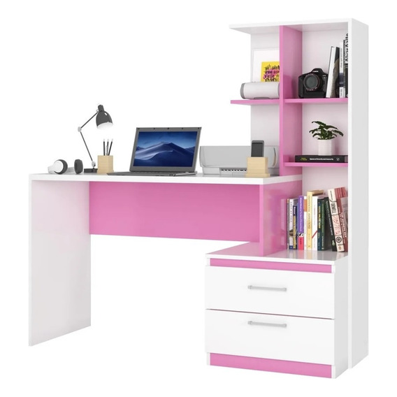 Escritorio - Mesa Pc Con Cajones Y Estantes - Oficina Hogar Color Blanco/rosa