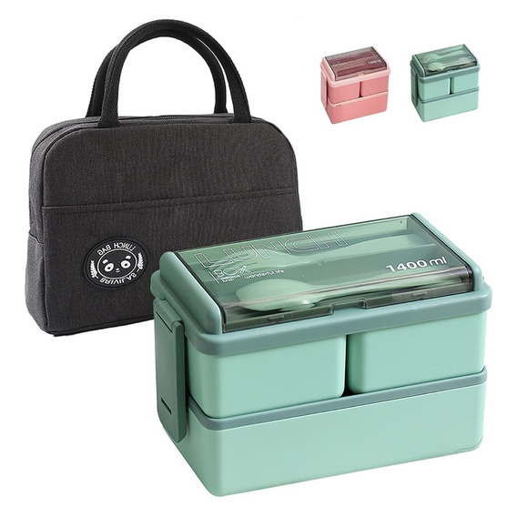 Lunch Box 2niveles Fiambrera Desmontable Con Cubiertos Y Bag