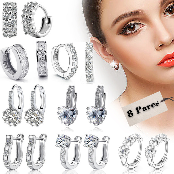 Finas Aretes De Mujer Plata Con Brillantes 8 Set De Aretes