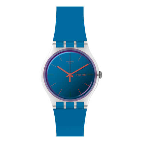 Reloj pulsera Swatch Originals POLAROSE de cuerpo color transparente, analógico, para mujer, fondo azul, con correa de silicona color azul, agujas color naranja, dial naranja, bisel color plateado y hebilla simple