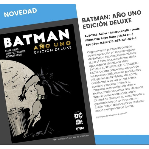 Batman: Año Uno Deluxe (tapa Dura) - Miller, Mazzucchelli