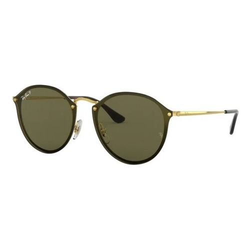 Anteojos de sol polarizados Ray-Ban Round Blaze Standard con marco de metal color polished gold, lente green de plástico clásica, varilla polished gold de metal - RB3574N