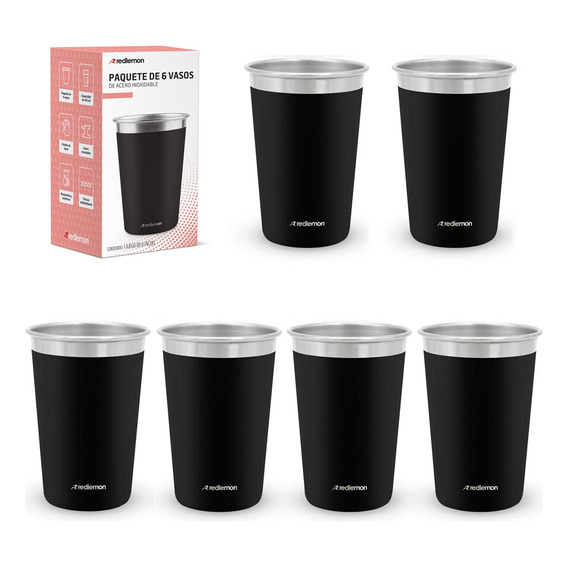 Vasos De Acero Inoxidable 6 Piezas 470 Ml Ecológico Redlemon Color Negro Mate