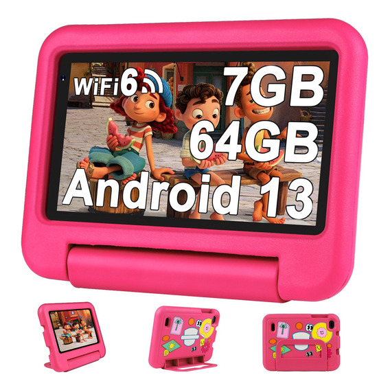 2024 Tablet Niños 7 Pulgadas Android 13 Tablet, 7(4+3)GB RAM+64GB ROM(TF 1TB), WiFi 6,Google GMS, BT 5.0, Control Parental /Kids Space /Dual Camera /GPS /Funda para Tableta a Prueba de Niños - Rosa