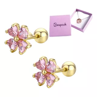 Broquel Aretes Circonía Rosa Flor Oro 18k Estuche