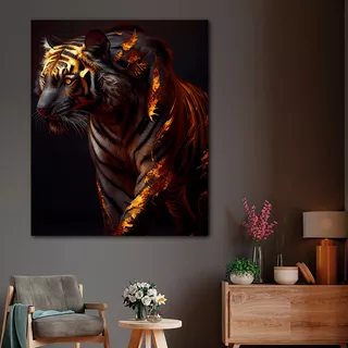 Cuadro Tigre Dorado Fondo Negro Elegante Canvas 60x60 An15