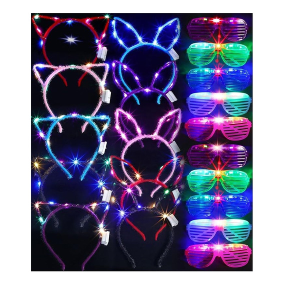 Kit Diadema Orejas De Gato Conejo Lentes Led Fiesta Batucada