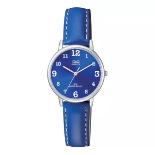 Reloj Q&q Cuero Análogo Modelo Qz01 Resistente Al Agua. Malla Azul / 325 / Fondo Azul