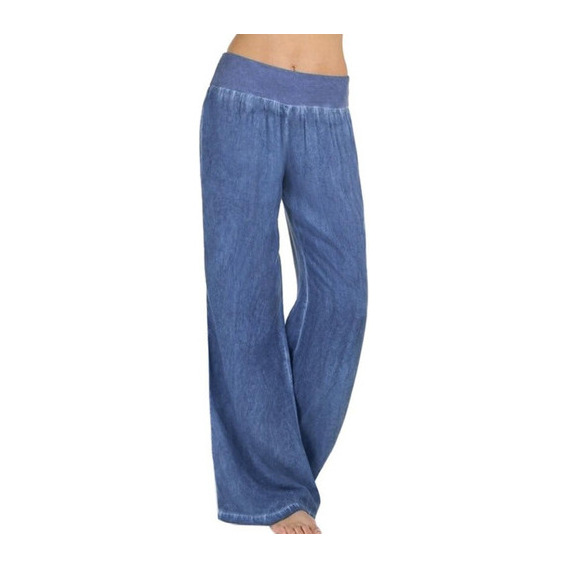 Pantalón Mujer Cintura Alta Elasticidad Denim Ancho Pierna P