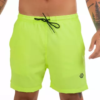 Short Praia Elastano Verde Neon Flúor Liso Masculino Premium