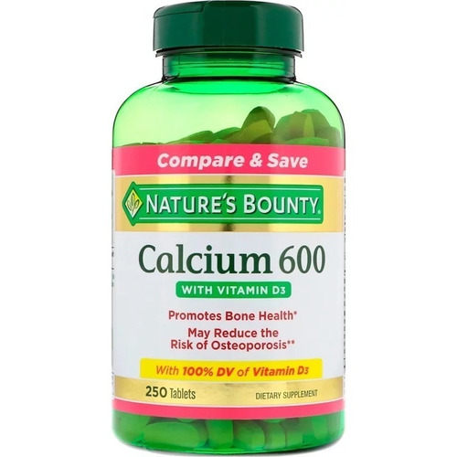 Calcio 600 mg con vitamina D3 250 comprimidos Nature's Bounty, sabor a eua, sin sabor