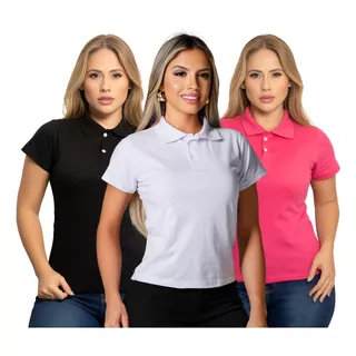 Kit 3 Tshirt Blusa Feminina Gola Polo Com Botão Moda Casual