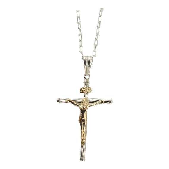 Crucifico Plata Fina Cristo Oro 18 Ktes Cadena Plata Fina