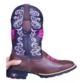 Bota Texana Bico Quadrado Feminina Bordada Rosa - Better Hor