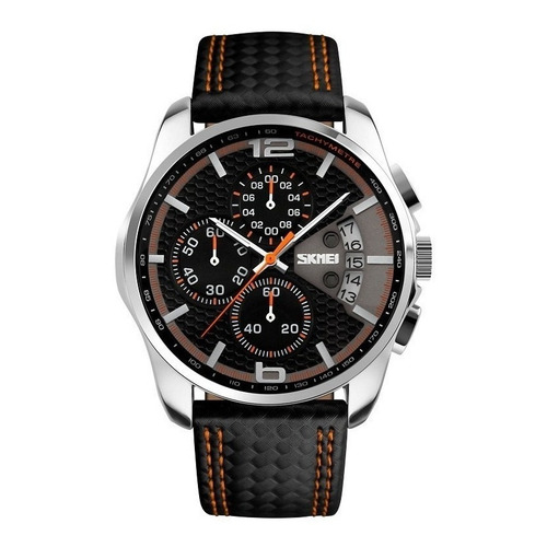 Reloj pulsera Skmei 9106 con correa de cuero color negro/naranja - fondo negro