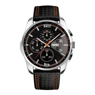 Reloj Pulsera Skmei 9106 De Cuerpo Color Plateado, Analógico, Para Hombre, Fondo Negro, Con Correa De Cuero Color Negro Y Naranja, Agujas Color Blanco Y Naranja, Dial Plateado, Subesferas Color Negro,