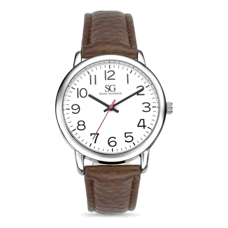 Relógio Masculino Chrowl Prateado Saint Germain Correia De Couro Sintético Marrom Caixa Prateada Fundo Branco 40mm Elegante Clássico