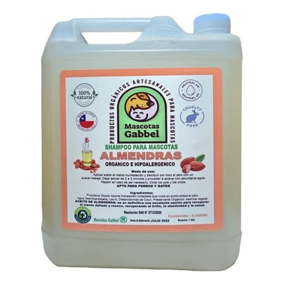 Shampoo Mascotas Hipoalergénico De Almendras (5lts) Gabbel