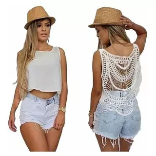 Blusa Cropped Top Renda Croche Saida De Praia Panicat 