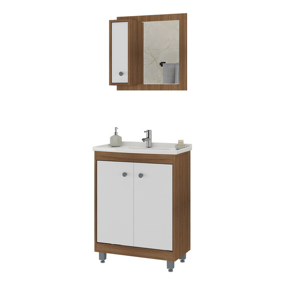 Mueble De Baño Completo - Botiquin Espejo Y Pileta - Madri Cantidad de agujeros para grifería Un agujero Color de la bacha Blanco Color del mueble Castaño con blanco