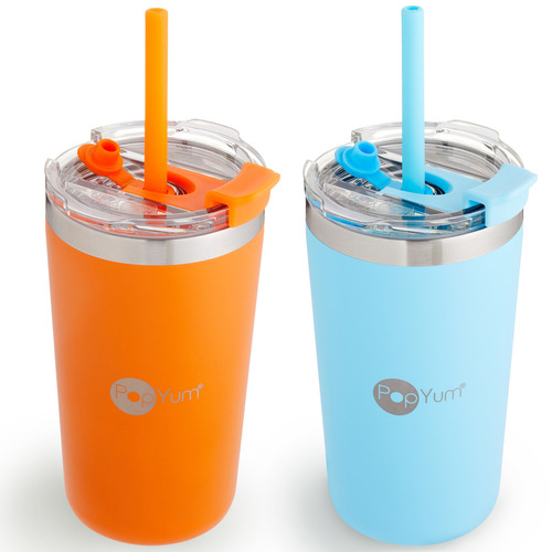 Popyum 2 Vasos Térmicos Infantil Tapa Y Popote 13oz Antifuga Color Azul y naranja Liso