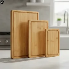 Set X3 Tablas Mtl De Cocina Rectangulares De Bambú Con Canaleta Espesor Ideal Pack Resistente Ecológico Para Cortar Y... Liso Marrón