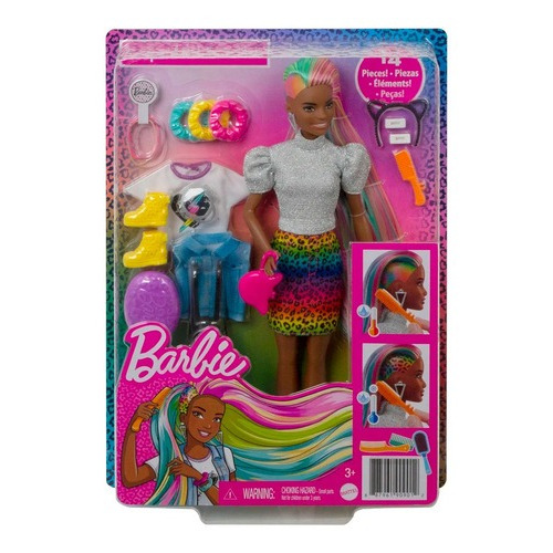 Muñeca de pelo Barbie con diseño de leopardo y arcoíris Grn82 Mattel