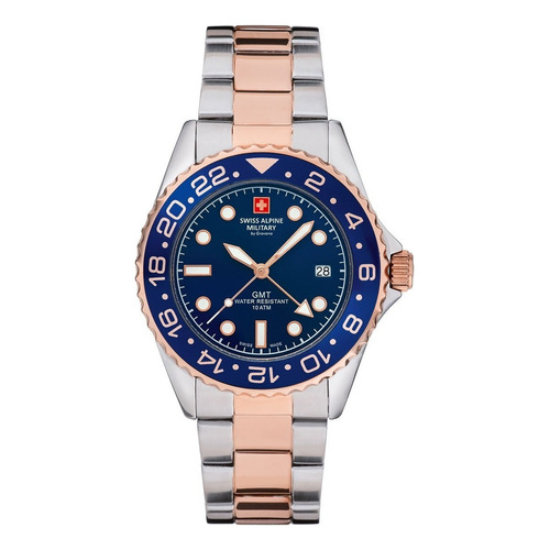 Reloj Swiss Alpine Military Master Diver Gmt 7052.1155sam Malla Plateado Y Rosé Bisel Azul Fondo Azul