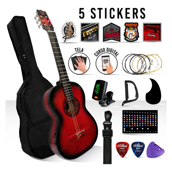 Kit De Guitarra Acustica Con Accesorios + Stickers Color Rojo Material del diapasón Álamo Orientación de la mano Diestro