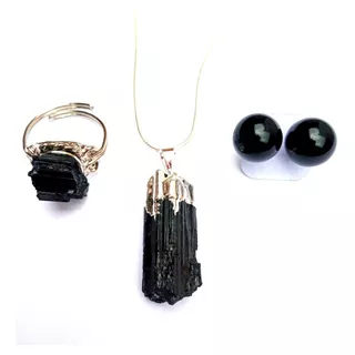 Conjunto Colar + Brincos + Anel Em Pedra Turmalina Negra 