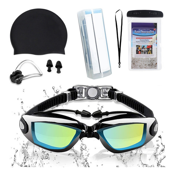 Kit De Gafas Natación Negro Protección Uv Gorro Tapones Clip