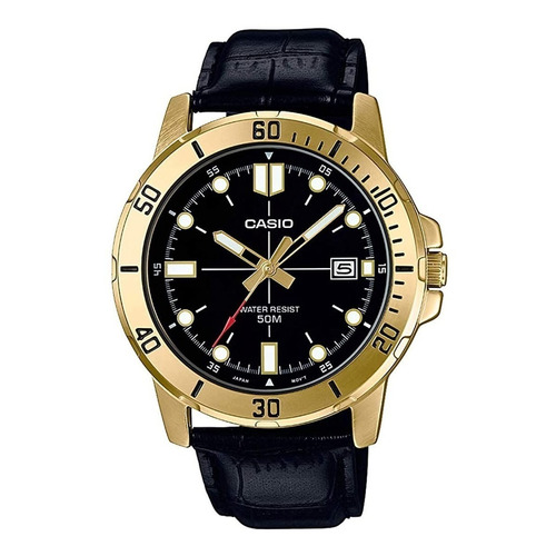 Reloj pulsera Casio MTP-VD01 con correa de cuero color negro - bisel dorado