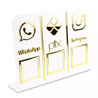 Display Placa 3 Em 1 Whatsapp Pix Instagram Qr Code Branco Branco E Dourado