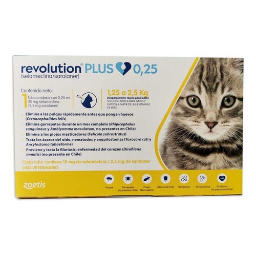 Pipeta antiparasitario para pulga Zoetis Revolution Plus para gato de 1.25kg a 2.5kg color amarillo