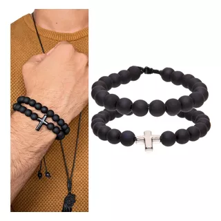 2 Pulseiras Masculinas Crucifixo Miçangas Pretas Contas 