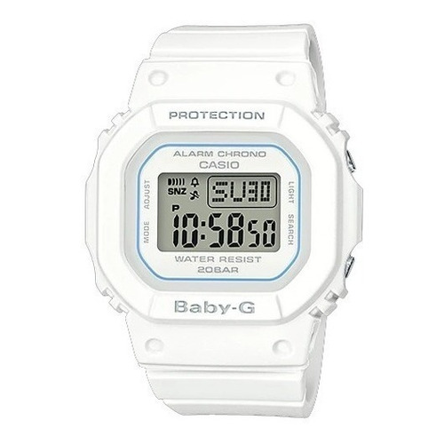 Reloj pulsera Casio Baby-G BGD-560 de cuerpo color blanco mate, digital, fondo gris, con correa de resina color blanco mate, dial negro, minutero/segundero negro, bisel color blanco mate, luz azul verde