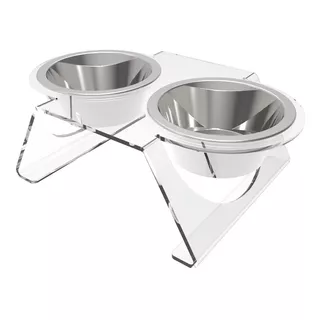 Comedouro Encanto Duplo Elevado P + Tigelas Inox Cão E Gato Cor Cristal