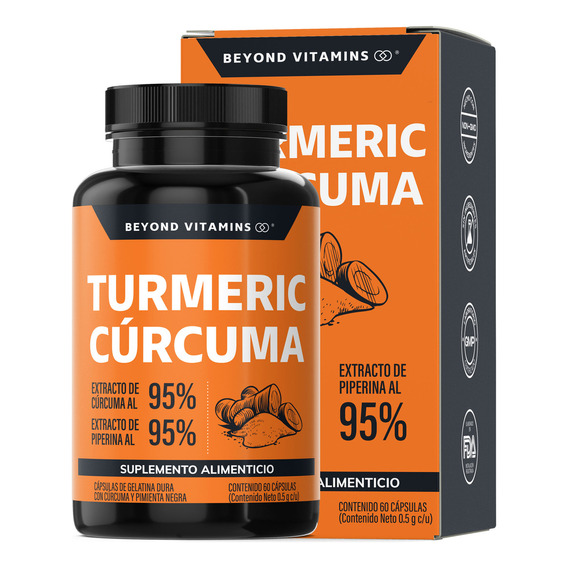 Turmeric Cúrcuma Con Extracto Al 95% + Pimienta Negra Al 95% Beyond Vitamins | Sin Sabor | Suplemento Alimenticio | 60 Cápsulas