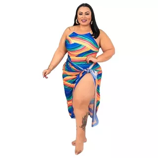 Maiô + Pareo Saida 2 Peças Plus Size Moda Praia Top