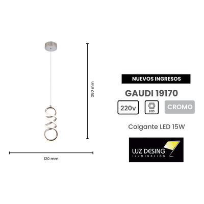 Colgante Led Gaudi 15w Led Cromo Deco Moderno Cie
