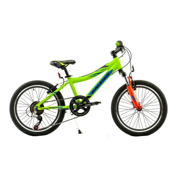 Mountain bike infantil Raleigh Rowdy R20 14" 7v frenos v-brakes cambio Shimano Tourney TZ400 color verde/azul/negro con pie de apoyo  