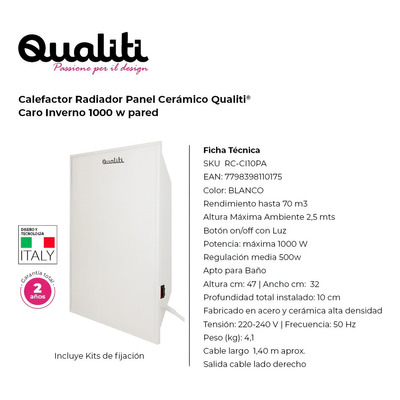 Calefactor Radiador Panel Cerámico Qualiti® 1000w Color Blanco